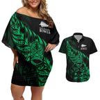 New Zealand Lawn Bowls Custom Couples Matching Off Shoulder Short Dress and Hawaiian Shirt Green Maori Warrior Tribal Silver Fern - Aussie Hoodie