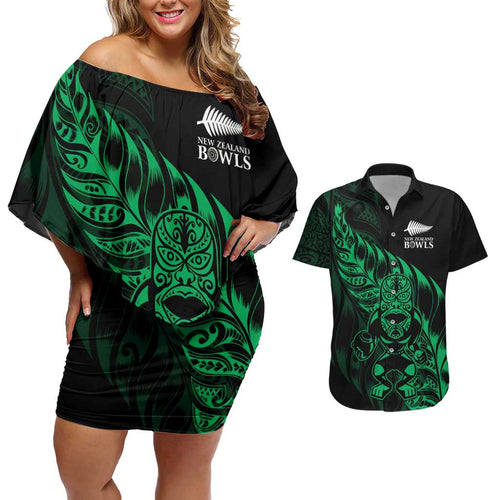 New Zealand Lawn Bowls Custom Couples Matching Off Shoulder Short Dress and Hawaiian Shirt Green Maori Warrior Tribal Silver Fern - Aussie Hoodie