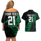New Zealand Lawn Bowls Custom Couples Matching Off Shoulder Short Dress and Hawaiian Shirt Green Maori Warrior Tribal Silver Fern - Aussie Hoodie