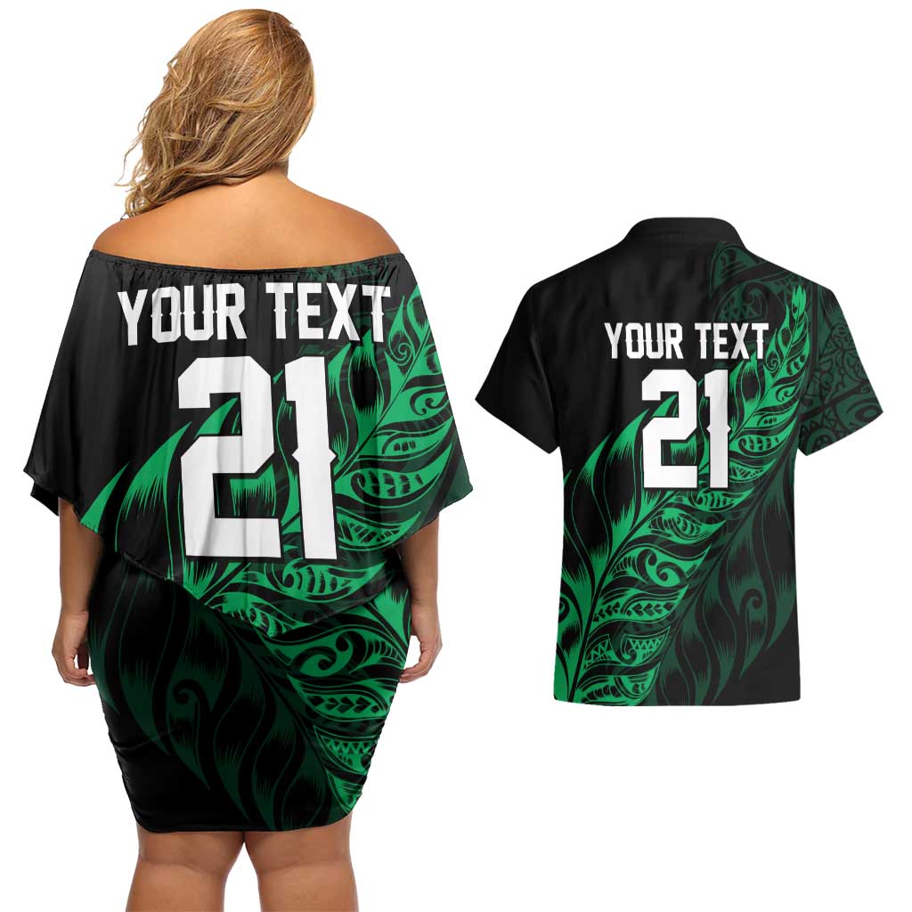 New Zealand Lawn Bowls Custom Couples Matching Off Shoulder Short Dress and Hawaiian Shirt Green Maori Warrior Tribal Silver Fern - Aussie Hoodie