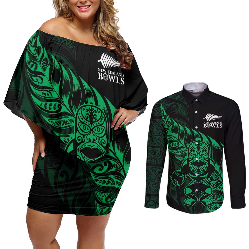 New Zealand Lawn Bowls Custom Couples Matching Off Shoulder Short Dress and Long Sleeve Button Shirt Green Maori Warrior Tribal Silver Fern - Aussie Hoodie