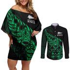 New Zealand Lawn Bowls Custom Couples Matching Off Shoulder Short Dress and Long Sleeve Button Shirt Green Maori Warrior Tribal Silver Fern - Aussie Hoodie