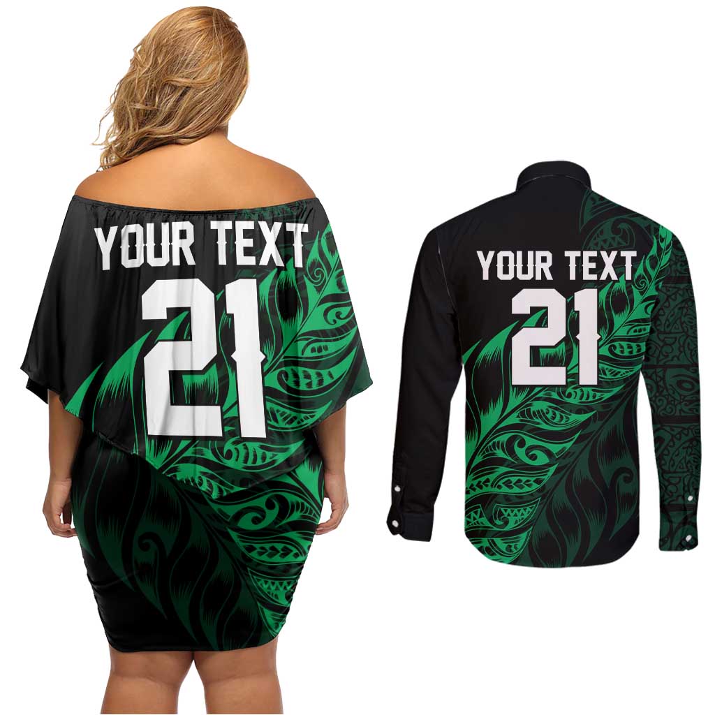 New Zealand Lawn Bowls Custom Couples Matching Off Shoulder Short Dress and Long Sleeve Button Shirt Green Maori Warrior Tribal Silver Fern - Aussie Hoodie