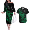 New Zealand Lawn Bowls Custom Couples Matching Off The Shoulder Long Sleeve Dress and Hawaiian Shirt Green Maori Warrior Tribal Silver Fern - Aussie Hoodie