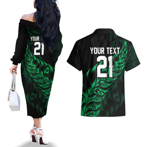 New Zealand Lawn Bowls Custom Couples Matching Off The Shoulder Long Sleeve Dress and Hawaiian Shirt Green Maori Warrior Tribal Silver Fern - Aussie Hoodie