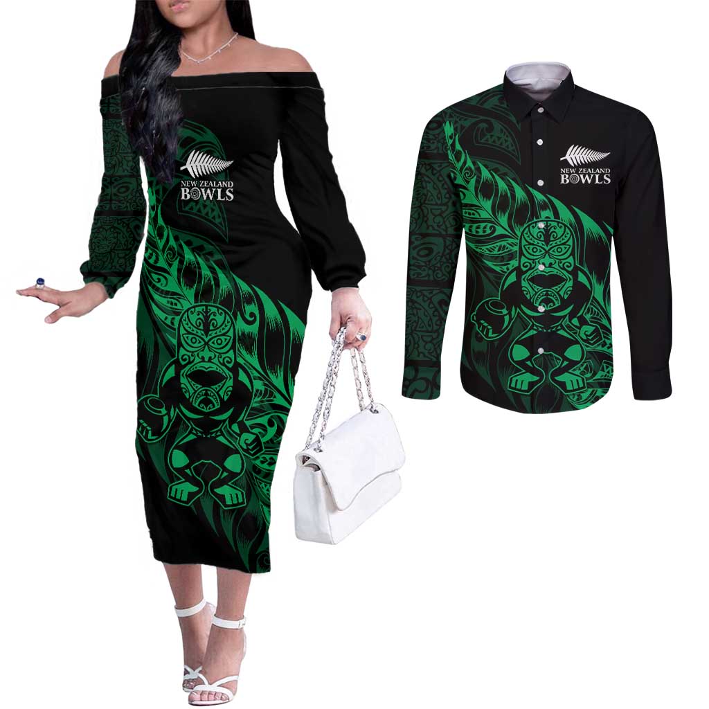 New Zealand Lawn Bowls Custom Couples Matching Off The Shoulder Long Sleeve Dress and Long Sleeve Button Shirt Green Maori Warrior Tribal Silver Fern - Aussie Hoodie