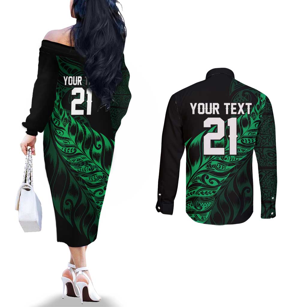 New Zealand Lawn Bowls Custom Couples Matching Off The Shoulder Long Sleeve Dress and Long Sleeve Button Shirt Green Maori Warrior Tribal Silver Fern - Aussie Hoodie
