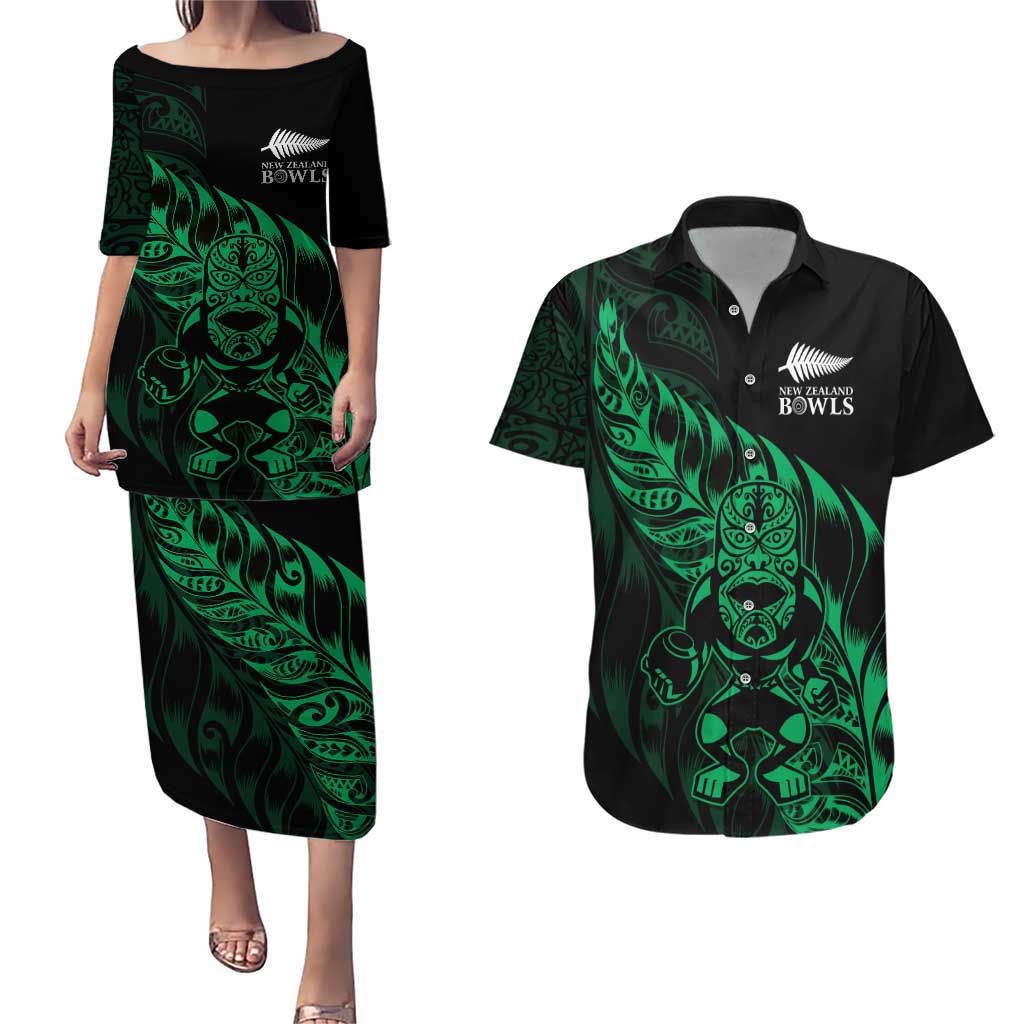 New Zealand Lawn Bowls Custom Couples Matching Puletasi and Hawaiian Shirt Green Maori Warrior Tribal Silver Fern - Aussie Hoodie