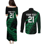 New Zealand Lawn Bowls Custom Couples Matching Puletasi and Long Sleeve Button Shirt Green Maori Warrior Tribal Silver Fern - Aussie Hoodie