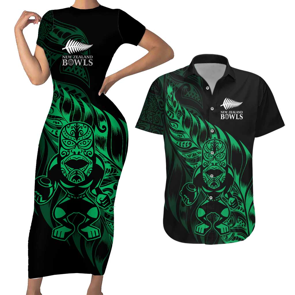 New Zealand Lawn Bowls Custom Couples Matching Short Sleeve Bodycon Dress and Hawaiian Shirt Green Maori Warrior Tribal Silver Fern - Aussie Hoodie