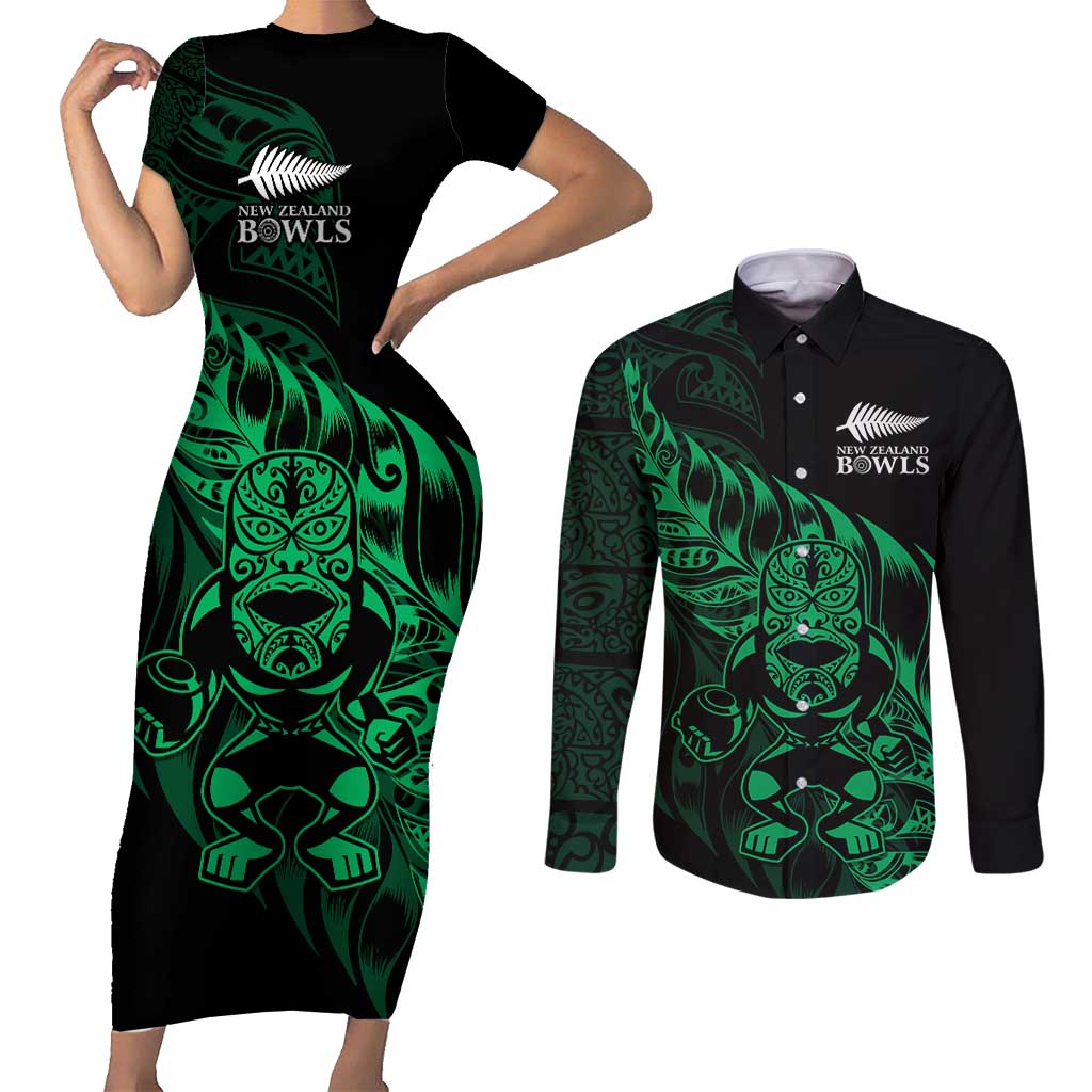 New Zealand Lawn Bowls Custom Couples Matching Short Sleeve Bodycon Dress and Long Sleeve Button Shirt Green Maori Warrior Tribal Silver Fern - Aussie Hoodie