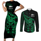 New Zealand Lawn Bowls Custom Couples Matching Short Sleeve Bodycon Dress and Long Sleeve Button Shirt Green Maori Warrior Tribal Silver Fern - Aussie Hoodie