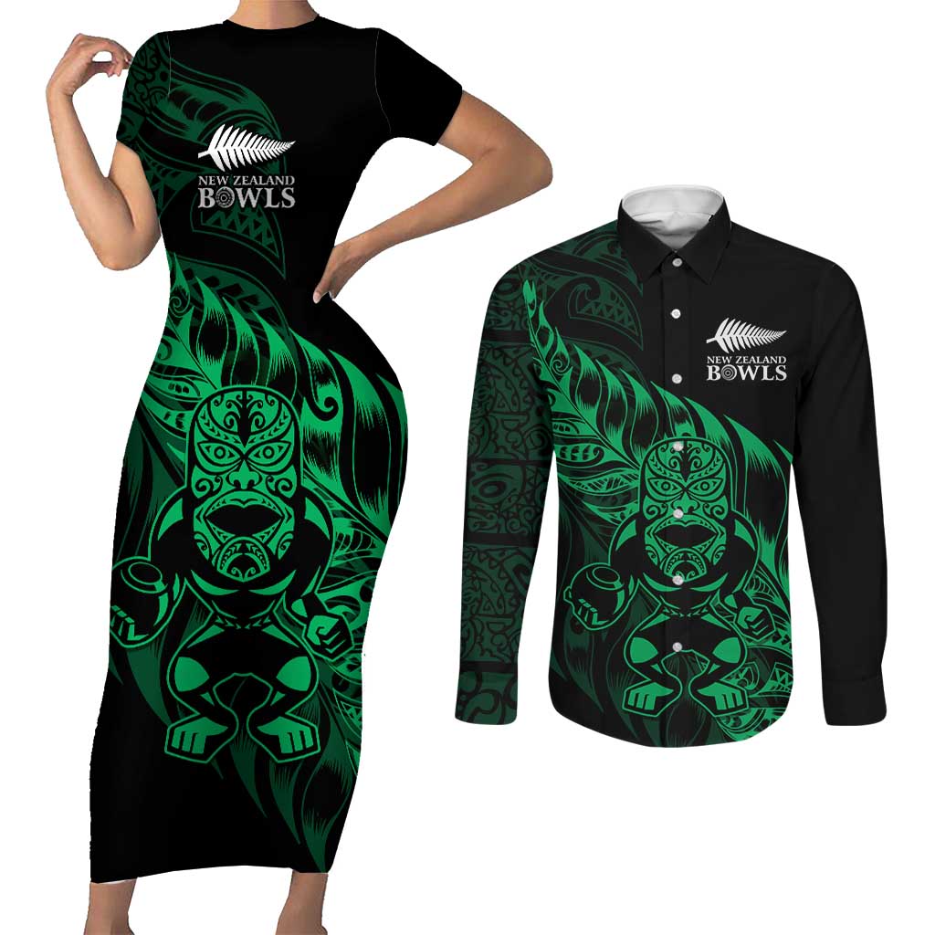 New Zealand Lawn Bowls Custom Couples Matching Short Sleeve Bodycon Dress and Long Sleeve Button Shirt Green Maori Warrior Tribal Silver Fern - Aussie Hoodie