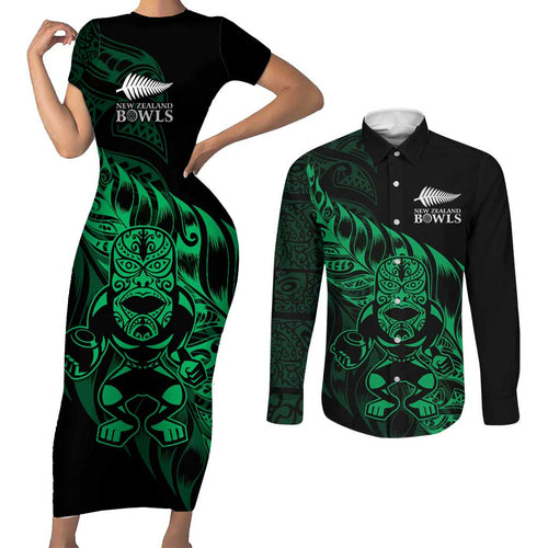 New Zealand Lawn Bowls Custom Couples Matching Short Sleeve Bodycon Dress and Long Sleeve Button Shirt Green Maori Warrior Tribal Silver Fern - Aussie Hoodie
