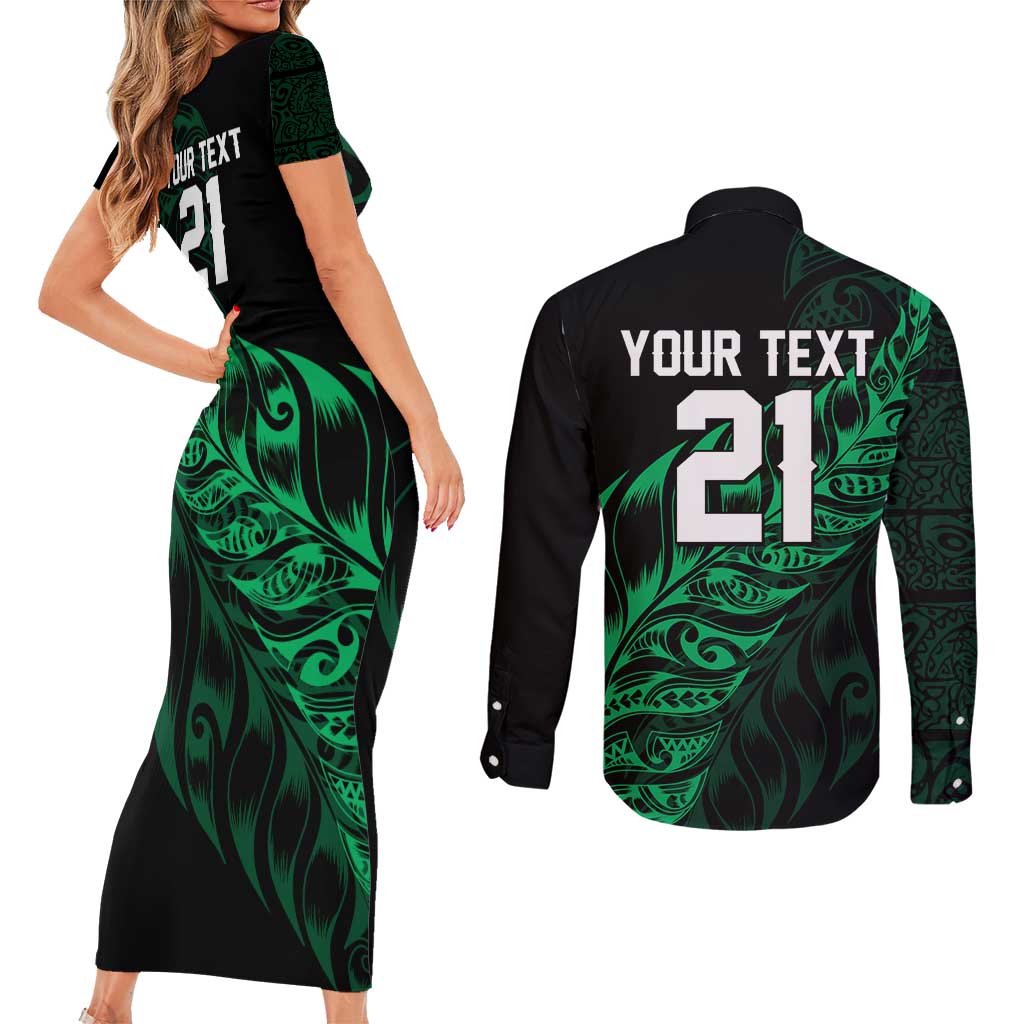 New Zealand Lawn Bowls Custom Couples Matching Short Sleeve Bodycon Dress and Long Sleeve Button Shirt Green Maori Warrior Tribal Silver Fern - Aussie Hoodie