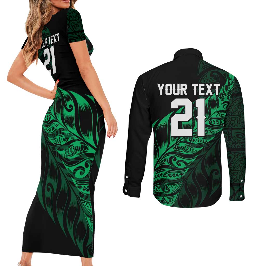 New Zealand Lawn Bowls Custom Couples Matching Short Sleeve Bodycon Dress and Long Sleeve Button Shirt Green Maori Warrior Tribal Silver Fern - Aussie Hoodie