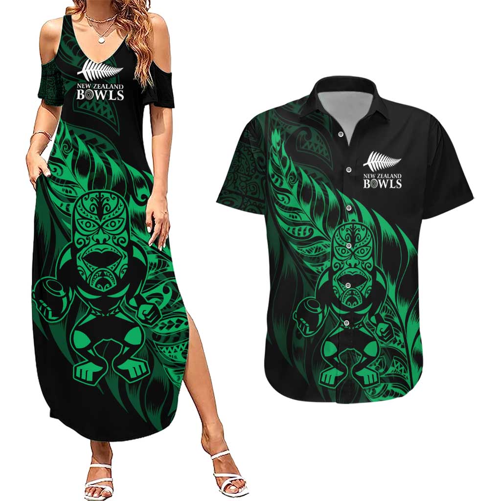 New Zealand Lawn Bowls Custom Couples Matching Summer Maxi Dress and Hawaiian Shirt Green Maori Warrior Tribal Silver Fern - Aussie Hoodie