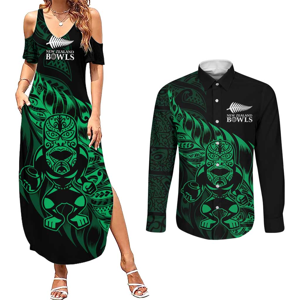New Zealand Lawn Bowls Custom Couples Matching Summer Maxi Dress and Long Sleeve Button Shirt Green Maori Warrior Tribal Silver Fern - Aussie Hoodie
