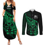 New Zealand Lawn Bowls Custom Couples Matching Summer Maxi Dress and Long Sleeve Button Shirt Green Maori Warrior Tribal Silver Fern - Aussie Hoodie