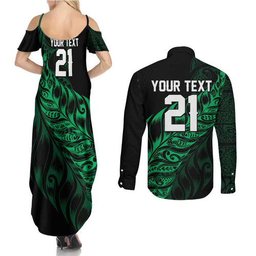 New Zealand Lawn Bowls Custom Couples Matching Summer Maxi Dress and Long Sleeve Button Shirt Green Maori Warrior Tribal Silver Fern - Aussie Hoodie