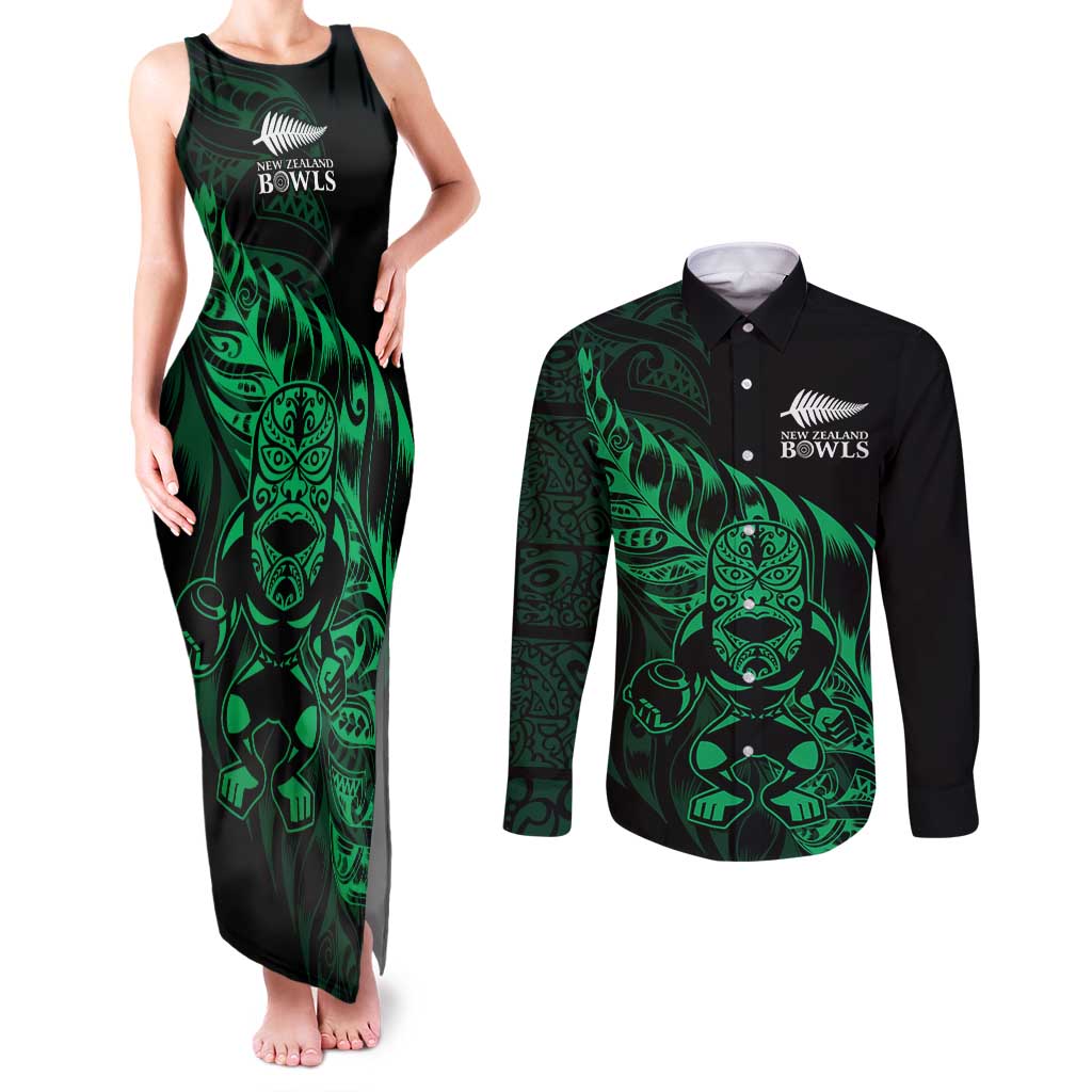 New Zealand Lawn Bowls Custom Couples Matching Tank Maxi Dress and Long Sleeve Button Shirt Green Maori Warrior Tribal Silver Fern - Aussie Hoodie
