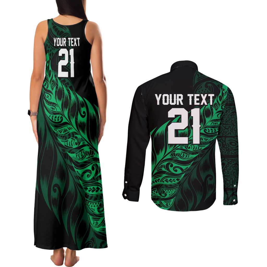 New Zealand Lawn Bowls Custom Couples Matching Tank Maxi Dress and Long Sleeve Button Shirt Green Maori Warrior Tribal Silver Fern - Aussie Hoodie