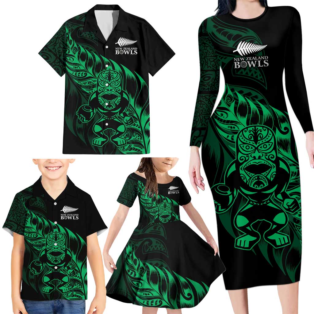 New Zealand Lawn Bowls Custom Family Matching Long Sleeve Bodycon Dress and Hawaiian Shirt Green Maori Warrior Tribal Silver Fern - Aussie Hoodie
