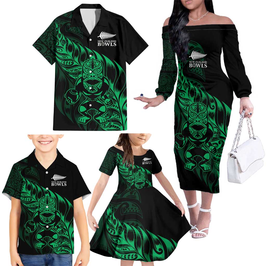 New Zealand Lawn Bowls Custom Family Matching Off The Shoulder Long Sleeve Dress and Hawaiian Shirt Green Maori Warrior Tribal Silver Fern - Aussie Hoodie