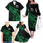New Zealand Lawn Bowls Custom Family Matching Off The Shoulder Long Sleeve Dress and Hawaiian Shirt Green Maori Warrior Tribal Silver Fern - Aussie Hoodie