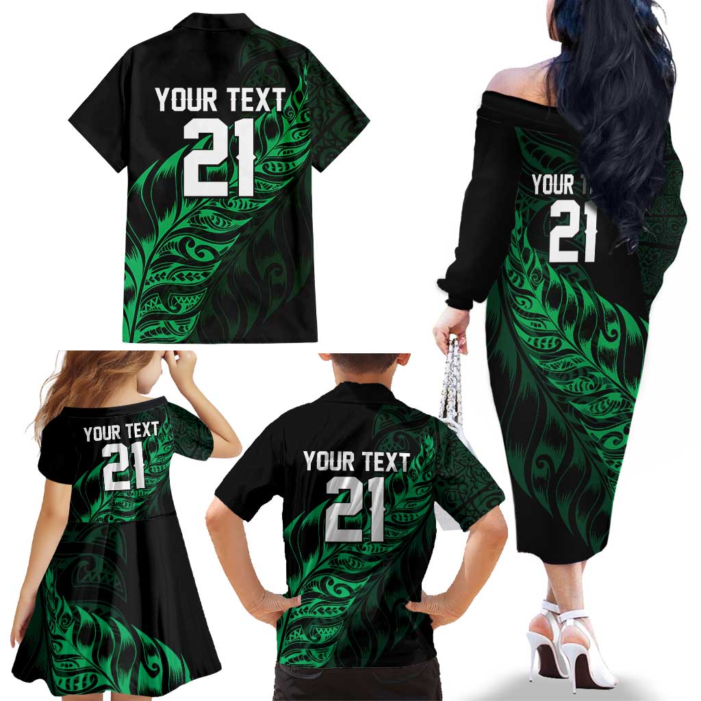 New Zealand Lawn Bowls Custom Family Matching Off The Shoulder Long Sleeve Dress and Hawaiian Shirt Green Maori Warrior Tribal Silver Fern - Aussie Hoodie