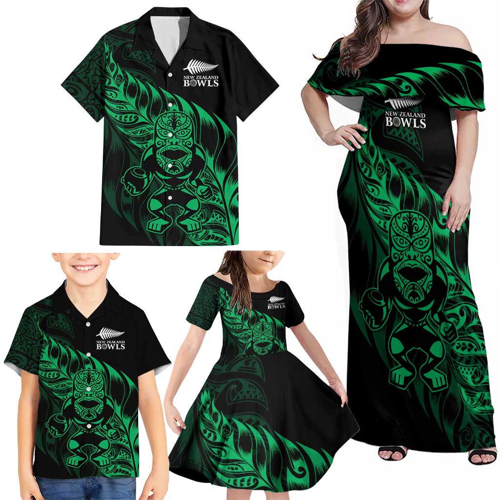 New Zealand Lawn Bowls Custom Family Matching Off Shoulder Maxi Dress and Hawaiian Shirt Green Maori Warrior Tribal Silver Fern - Aussie Hoodie