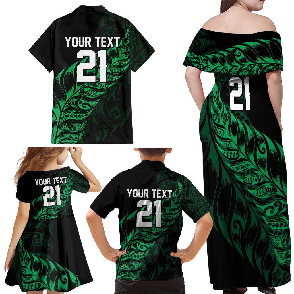 New Zealand Lawn Bowls Custom Family Matching Off Shoulder Maxi Dress and Hawaiian Shirt Green Maori Warrior Tribal Silver Fern - Aussie Hoodie