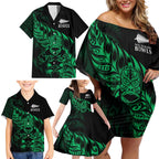 New Zealand Lawn Bowls Custom Family Matching Off Shoulder Short Dress and Hawaiian Shirt Green Maori Warrior Tribal Silver Fern - Aussie Hoodie