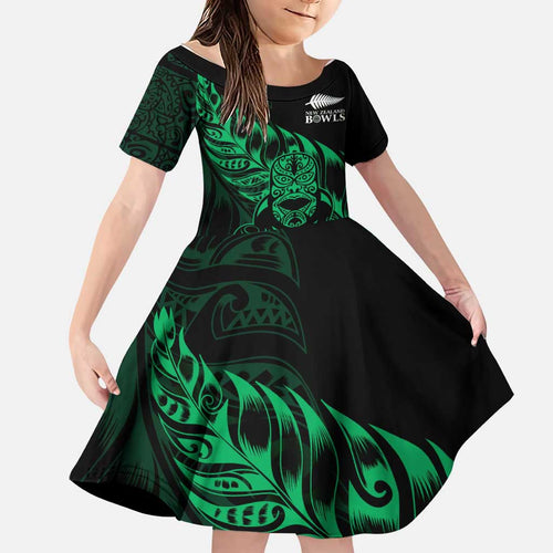 New Zealand Lawn Bowls Custom Family Matching Off Shoulder Short Dress and Hawaiian Shirt Green Maori Warrior Tribal Silver Fern - Aussie Hoodie