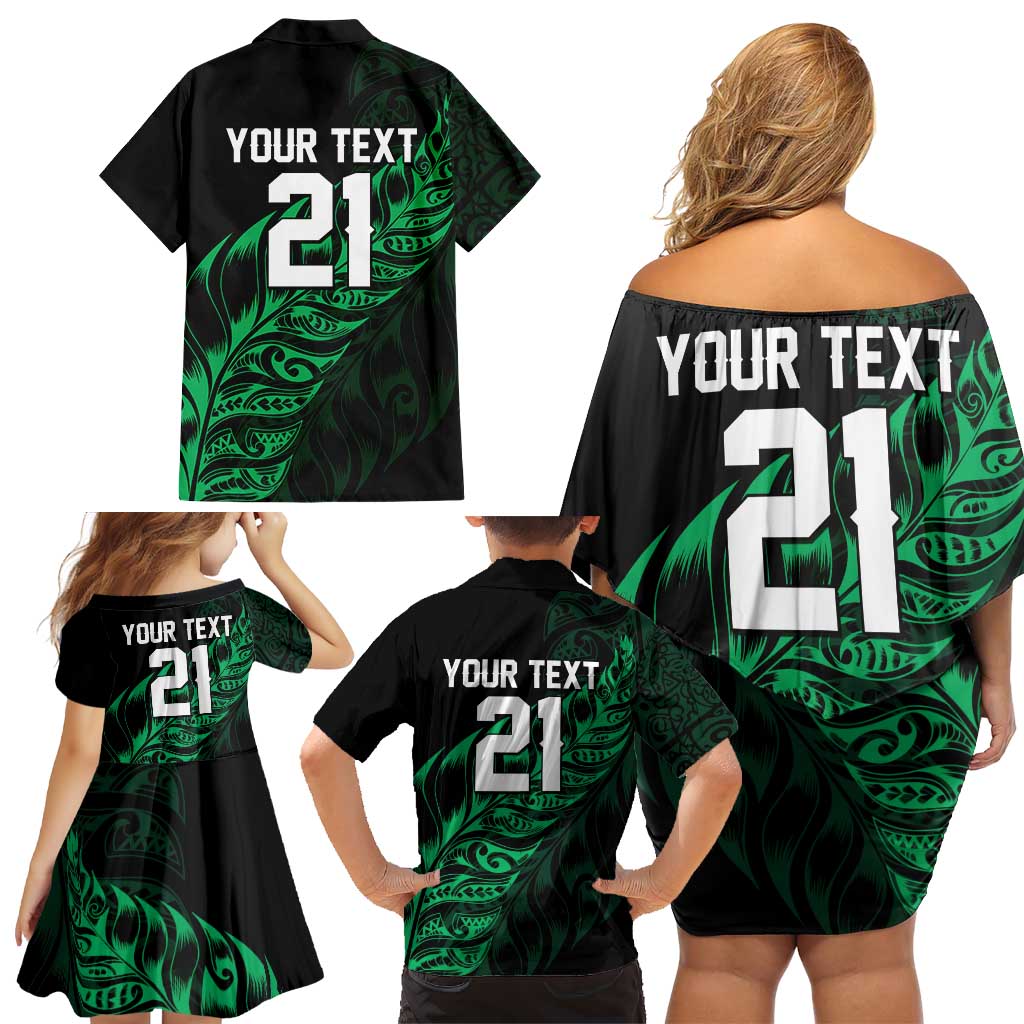 New Zealand Lawn Bowls Custom Family Matching Off Shoulder Short Dress and Hawaiian Shirt Green Maori Warrior Tribal Silver Fern - Aussie Hoodie