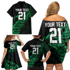 New Zealand Lawn Bowls Custom Family Matching Off Shoulder Short Dress and Hawaiian Shirt Green Maori Warrior Tribal Silver Fern - Aussie Hoodie