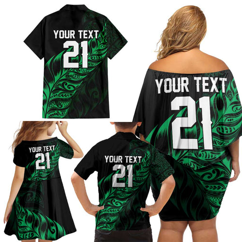 New Zealand Lawn Bowls Custom Family Matching Off Shoulder Short Dress and Hawaiian Shirt Green Maori Warrior Tribal Silver Fern - Aussie Hoodie