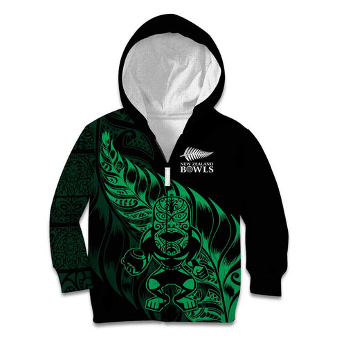 New Zealand Lawn Bowls Custom Kid Hoodie Green Maori Warrior Tribal Silver Fern - Aussie Hoodie