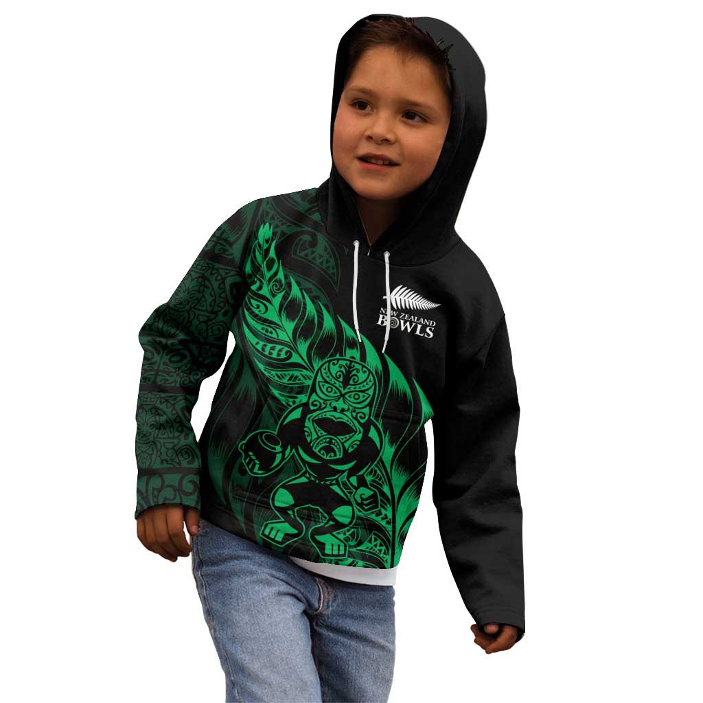 New Zealand Lawn Bowls Custom Kid Hoodie Green Maori Warrior Tribal Silver Fern - Aussie Hoodie