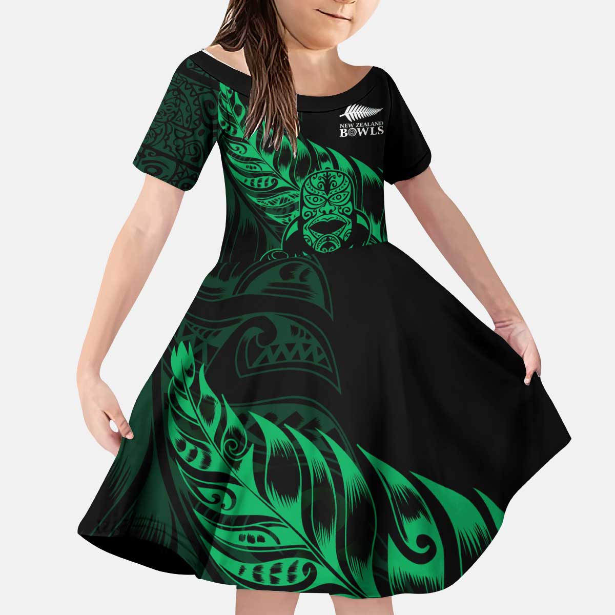 New Zealand Lawn Bowls Custom Kid Short Sleeve Dress Green Maori Warrior Tribal Silver Fern - Aussie Hoodie