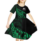 New Zealand Lawn Bowls Custom Kid Short Sleeve Dress Green Maori Warrior Tribal Silver Fern - Aussie Hoodie