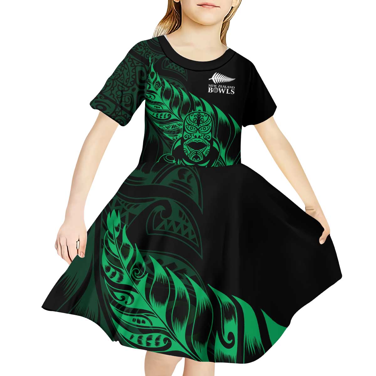 New Zealand Lawn Bowls Custom Kid Short Sleeve Dress Green Maori Warrior Tribal Silver Fern - Aussie Hoodie