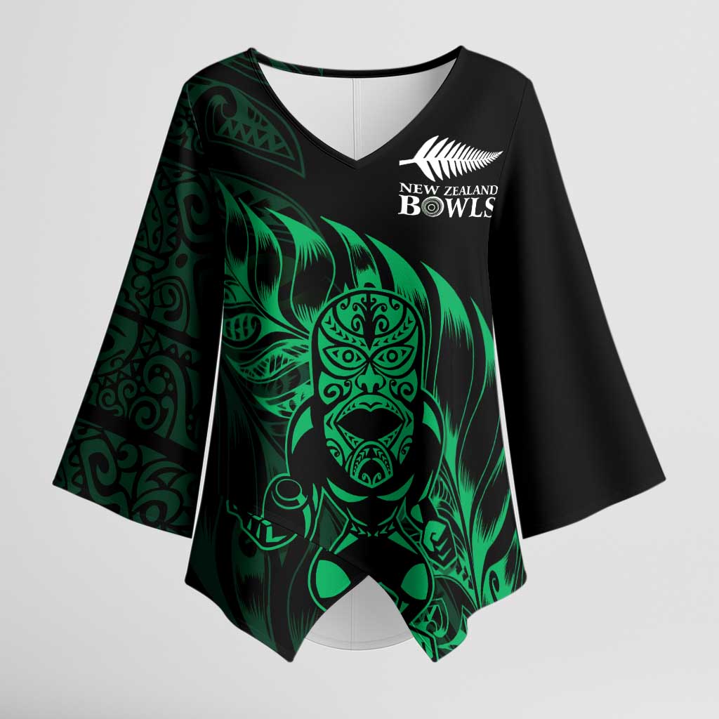 New Zealand Lawn Bowls Custom Kimono Sleeve Blouse Green Maori Warrior Tribal Silver Fern - Aussie Hoodie