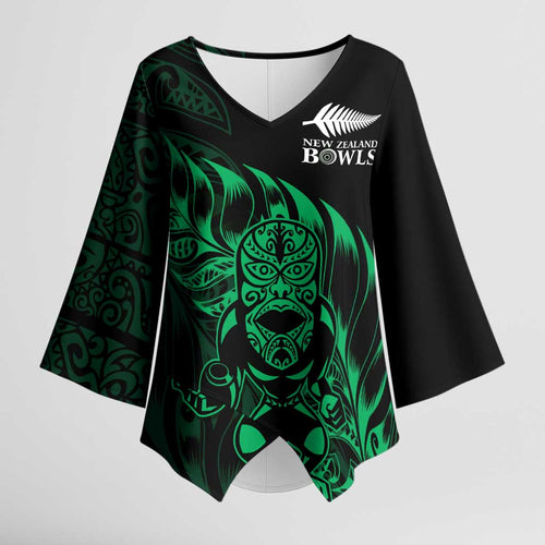 New Zealand Lawn Bowls Custom Kimono Sleeve Blouse Green Maori Warrior Tribal Silver Fern - Aussie Hoodie