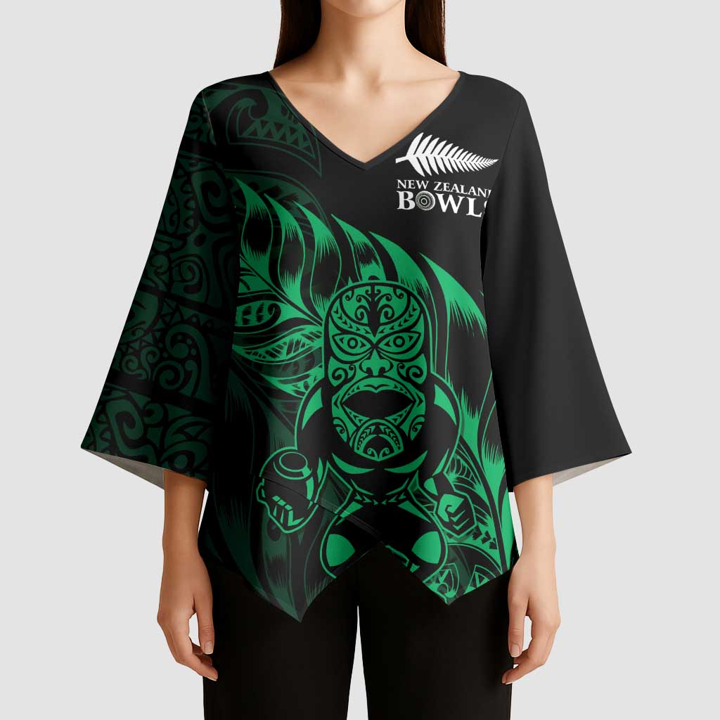New Zealand Lawn Bowls Custom Kimono Sleeve Blouse Green Maori Warrior Tribal Silver Fern - Aussie Hoodie