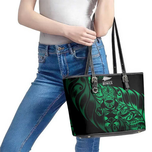 New Zealand Lawn Bowls Leather Tote Bag Green Maori Warrior Tribal Silver Fern - Aussie Hoodie