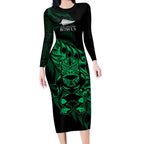 New Zealand Lawn Bowls Custom Long Sleeve Bodycon Dress Green Maori Warrior Tribal Silver Fern - Aussie Hoodie