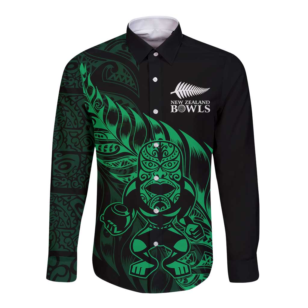 New Zealand Lawn Bowls Custom Long Sleeve Button Shirt Green Maori Warrior Tribal Silver Fern - Aussie Hoodie