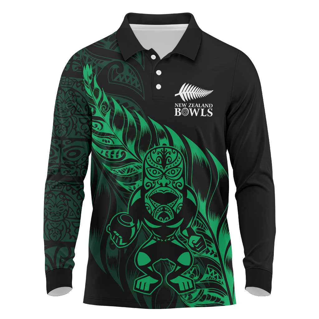 New Zealand Lawn Bowls Custom Long Sleeve Polo Shirt Green Maori Warrior Tribal Silver Fern - Aussie Hoodie