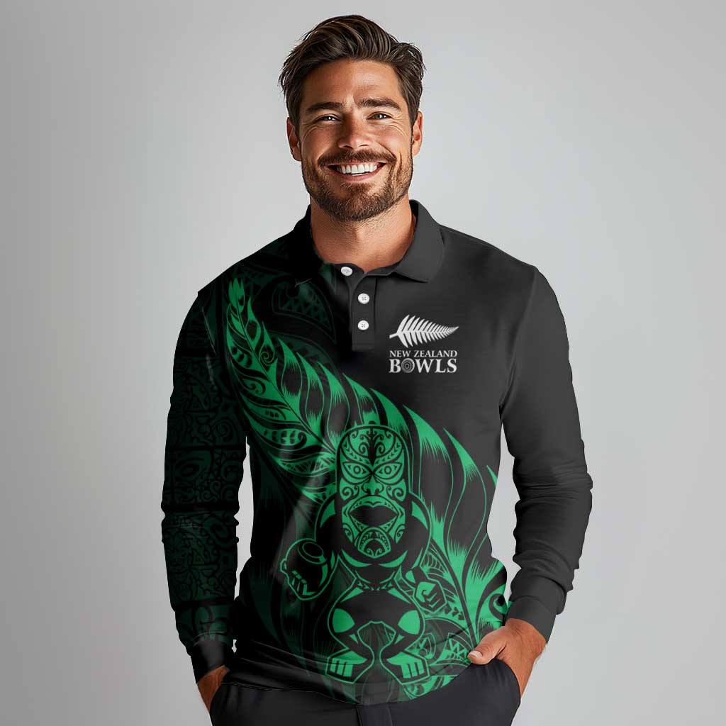 New Zealand Lawn Bowls Custom Long Sleeve Polo Shirt Green Maori Warrior Tribal Silver Fern - Aussie Hoodie